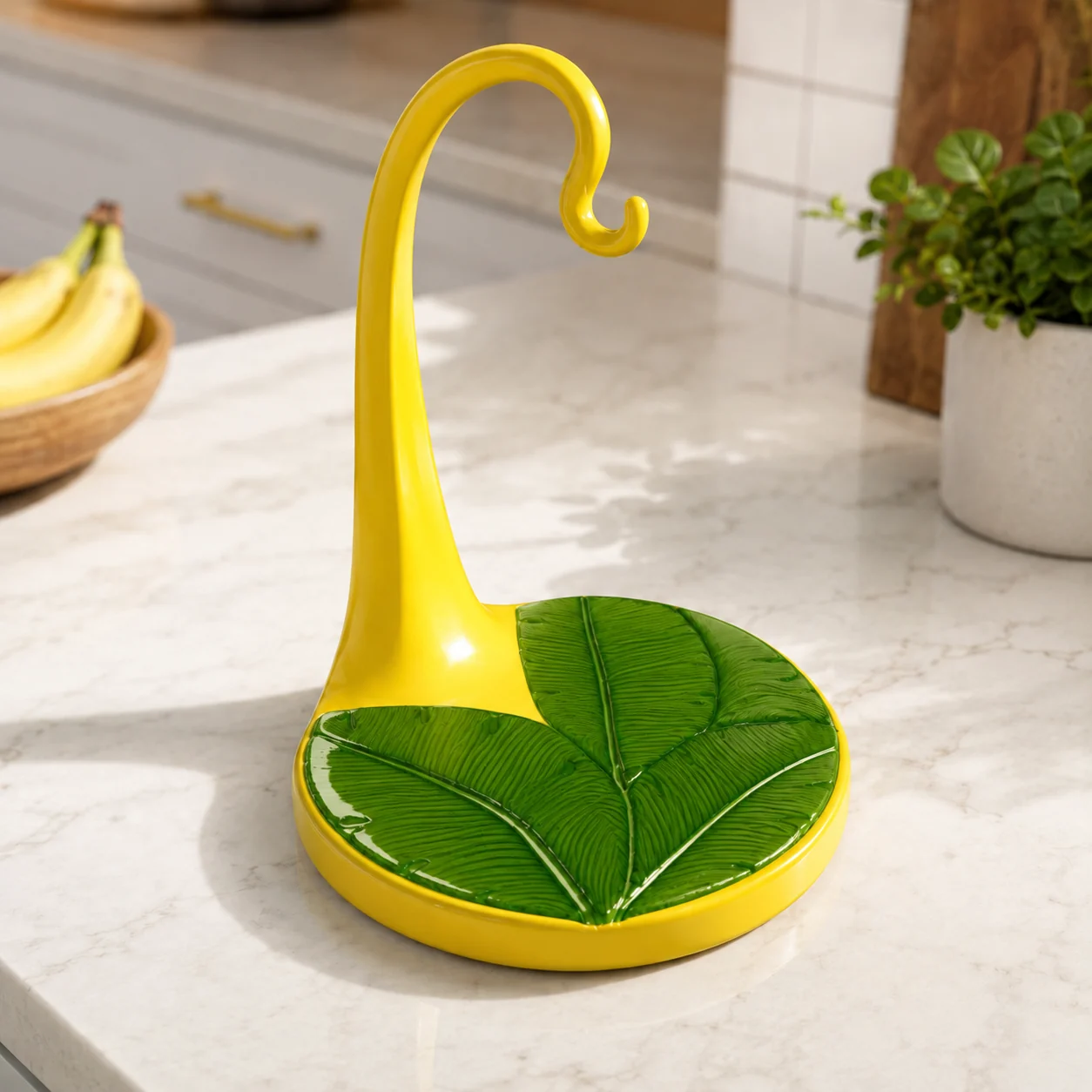 Yellow Banana Stand with glossy green leaf design
