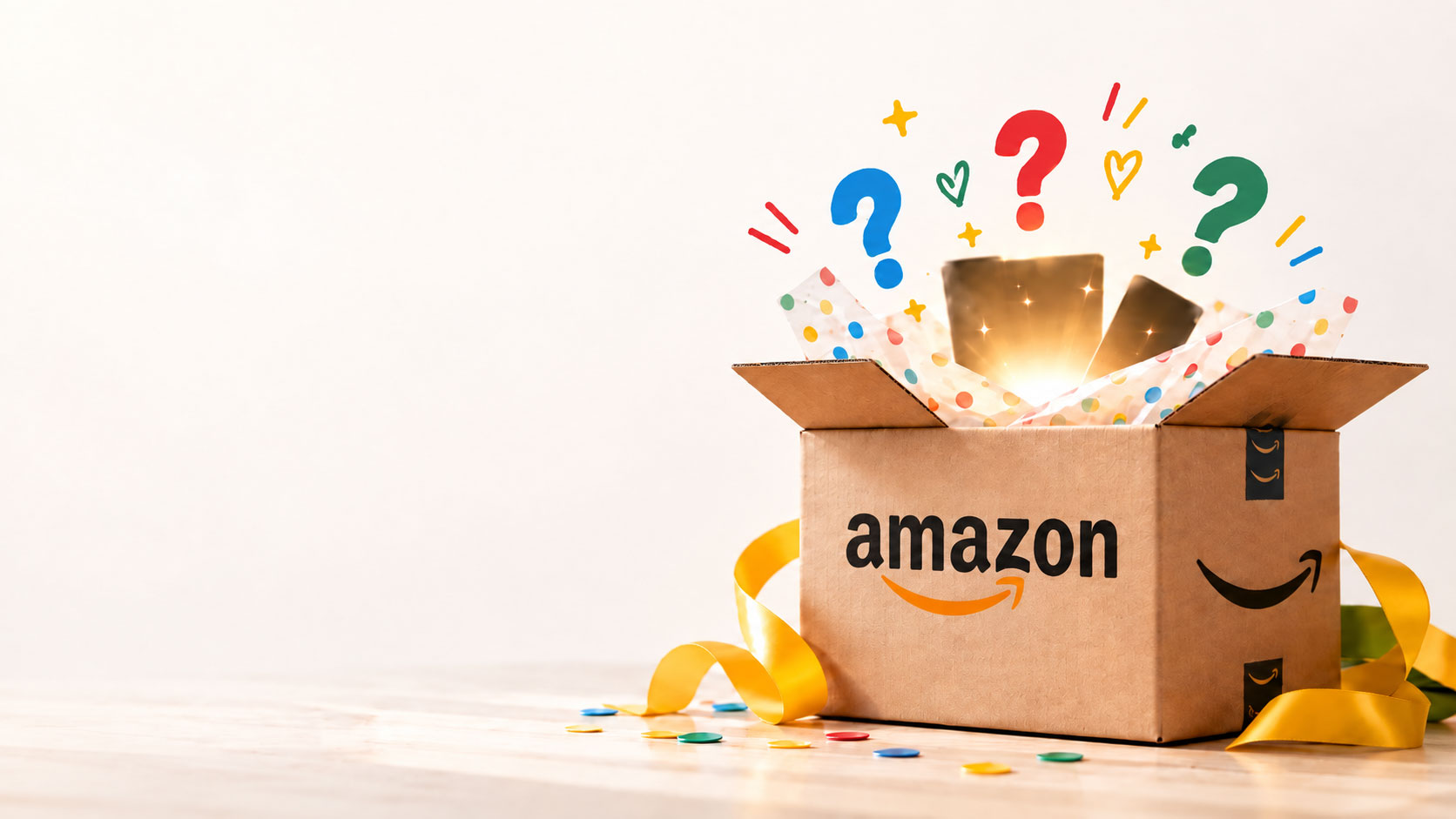 An Amazon box opening with colorful question marks and a golden ribbon.