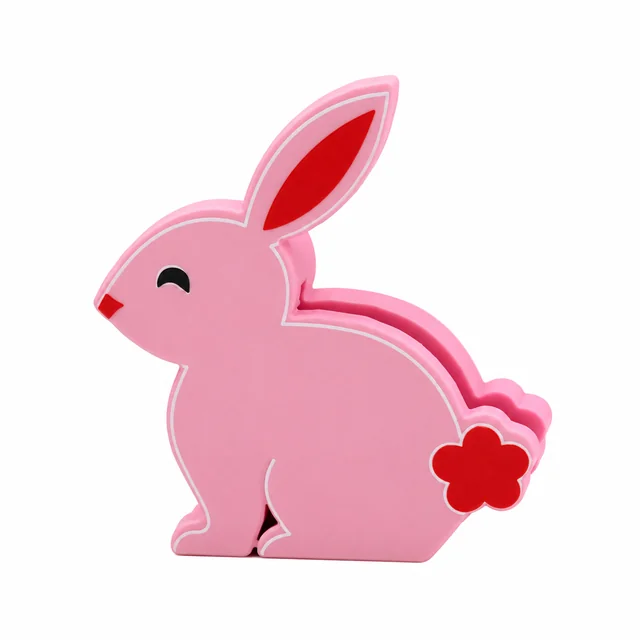 A pink rabbit with a red flower and red detail inside its ear.