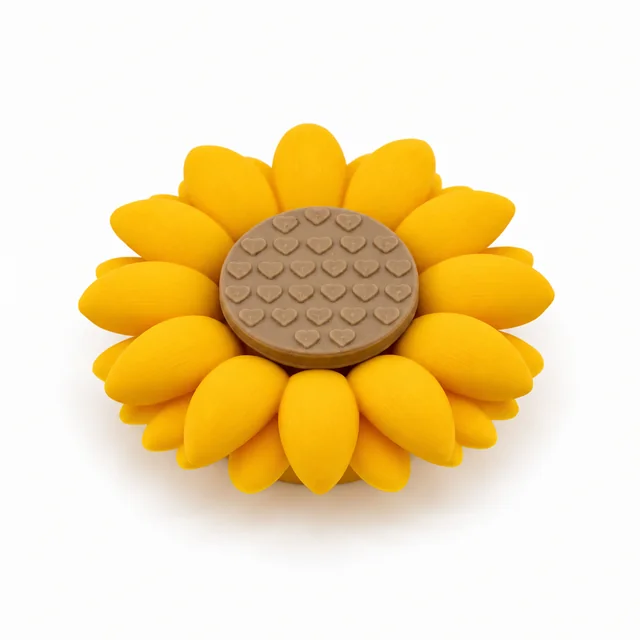 A yellow sunflower with small hearts across its brown center, seen at an angle.